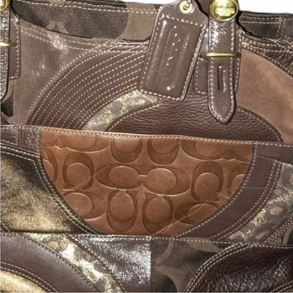 Coach brown leather mixed media patchwork handbag with gold hardware hang tag